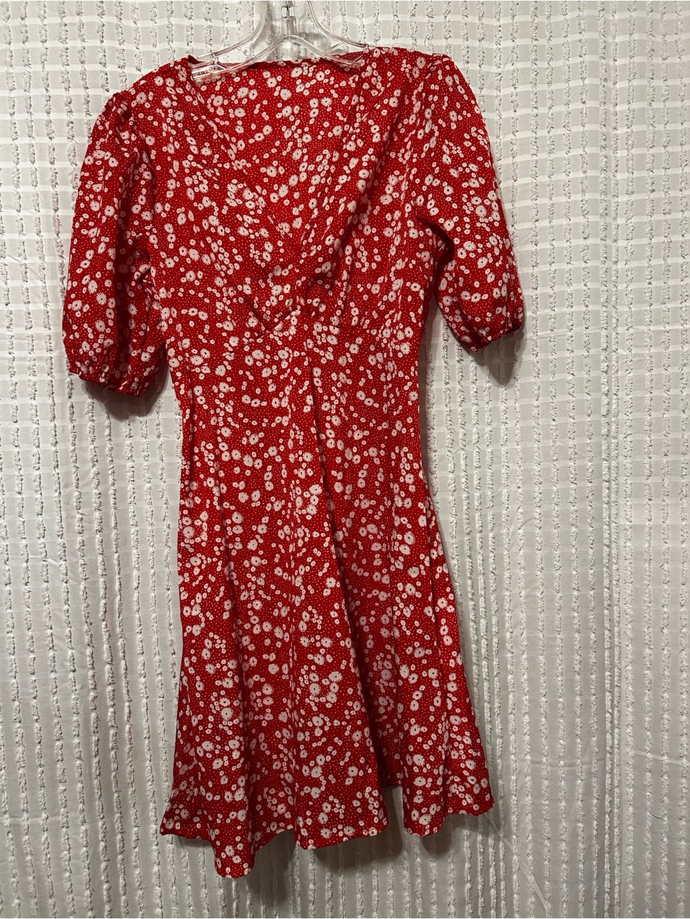 SHEIN Red White Daisy Floral Puff Sleeve V-Neck‎ Mini Dress Small